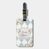 Elegante Monogram Witte Rozen Groene Bladeren Diam Bagagelabel (Voorkant verticaal)