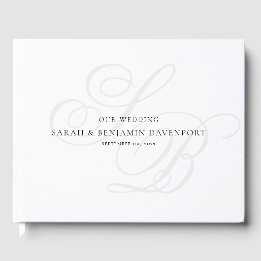 Elegante Monogram Zilver Zwart Witte Bruiloft Gastenboek (Voorkant)