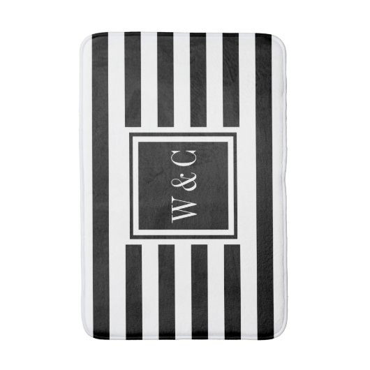 Elegante Monogram Zwart Wit Streep Badmat (Voorkant Verticaal)