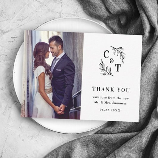 Elegante Monogram Zwart-wit Trouwfoto Bedankkaart