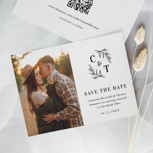 Elegante Monogram Zwart-wit Trouwfoto Save The Date