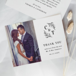 Elegante Monogram Zwarte en Witte Trouwfoto Bedankkaart