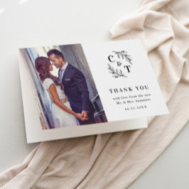 Elegante Monogram Zwarte en Witte Trouwfoto Bedankkaart