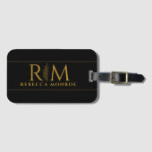 Elegante Monogram Zwarte Gouden Naam Bagagelabel (Voorkant (horizontaal))