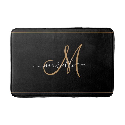 Elegante Monogram Zwarte Gouden Script Naam Badmat (Voorkant)
