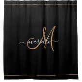 Elegante Monogram Zwarte Gouden Script Naam Douchegordijn (Voorkant)