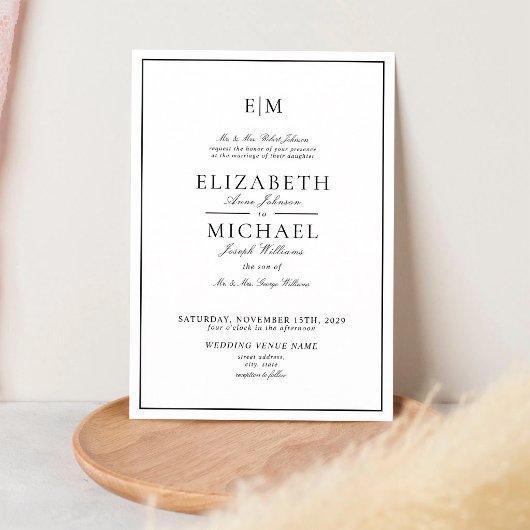 Elegante Monogram Zwarte Witte Bruiloft Kaart