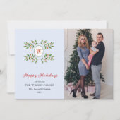 Elegante Monogramed krans met Citrus Blue Holiday Feestdagenkaart (Voorkant)