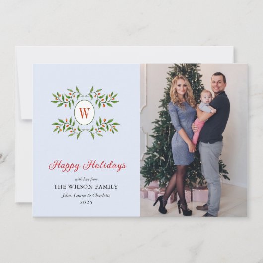 Elegante Monogramed krans met Citrus Blue Holiday Feestdagenkaart (Voorkant)