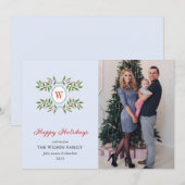 Elegante Monogramed krans met Citrus Blue Holiday Feestdagenkaart (Voorkant / Achterkant)