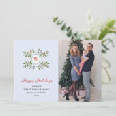 Elegante Monogramed krans met Citrus Blue Holiday Feestdagenkaart (Staand voorkant)