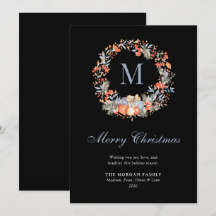 Elegante Monogramme Krans Stofblauw Modern Feestdagenkaart