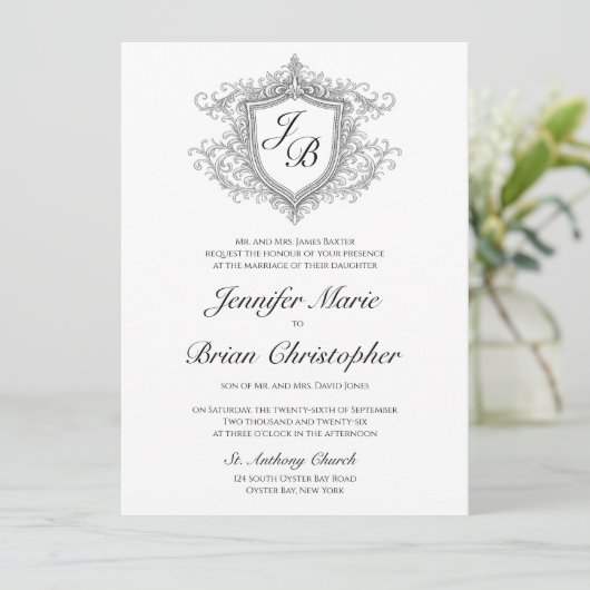 Elegante Monogramme Wapen Uitnodiging (Staand voorkant)