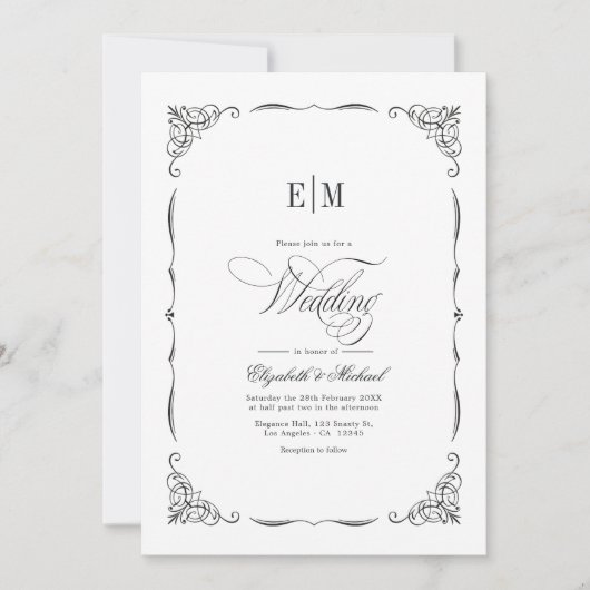 Elegante Monogrammed Black & White Wedding QR-code Kaart (Voorkant)