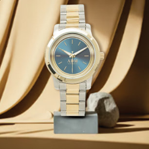 Elegante Monogrammed Gouden Blauw Metallic Horloge