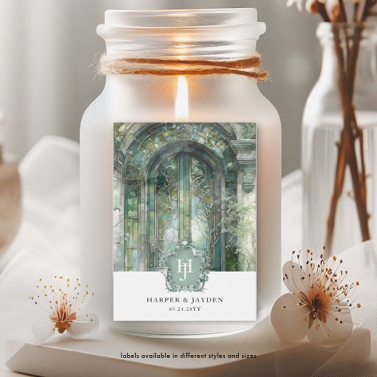 Elegante Monogrammed Groene Waterverf bruiloft Wijn Etiket