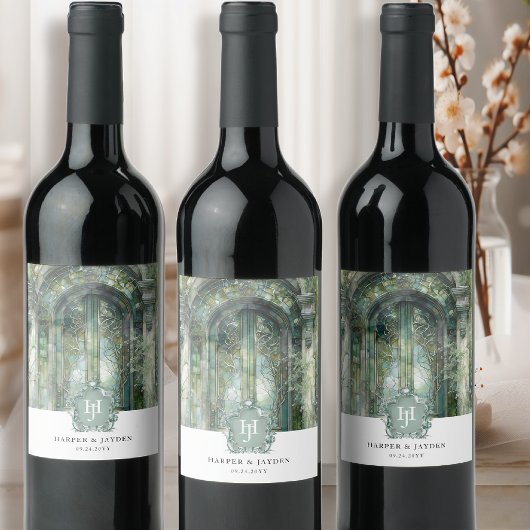 Elegante Monogrammed Groene Waterverf bruiloft Wijn Etiket