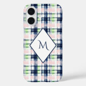Elegante Monogrammed Navy Blue Pink Preppy Plaid Case-Mate iPhone Case (Achterkant)
