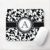 Elegante Monogrammed Scroll Damask Zwart en Wit Muismat (Met muis)