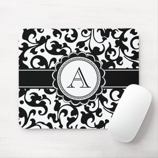 Elegante Monogrammed Scroll Damask Zwart en Wit Muismat (Met muis)