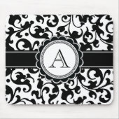 Elegante Monogrammed Scroll Damask Zwart en Wit Muismat (Voorkant)