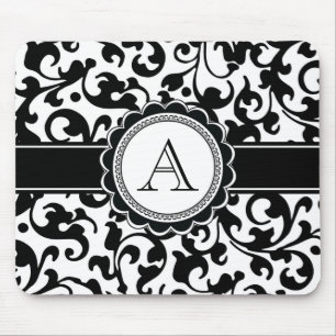 Elegante Monogrammed Scroll Damask Zwart en Wit Muismat