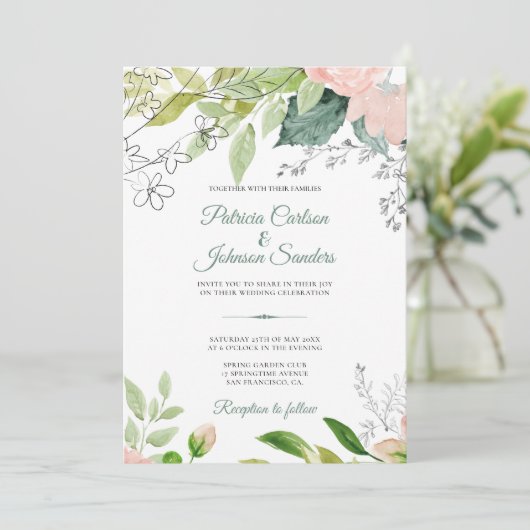 Elegante monogrammed waterverf bloemenbruiloft kaart (Staand voorkant)