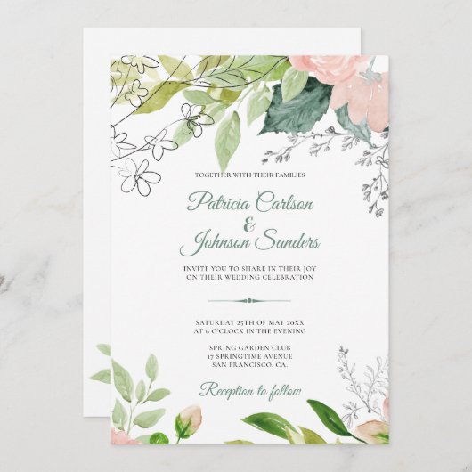 Elegante monogrammed waterverf bloemenbruiloft kaart (Voorkant / Achterkant)