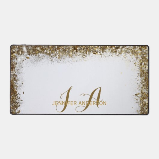 Elegante Monogrammed wit goud faux glitter Bureaumat (Voorkant)