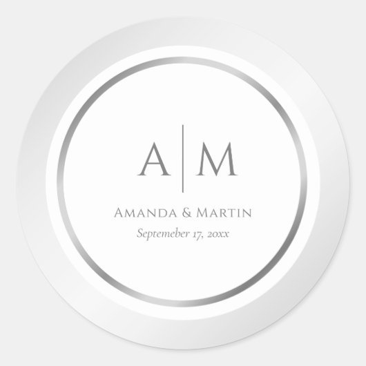 Elegante Monogrammed Zilveren Bruiloft Ronde Stick Ronde Sticker (Voorkant)