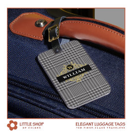Elegante Monogrammed Zwart Goud Grijs Plaid Bagagelabel