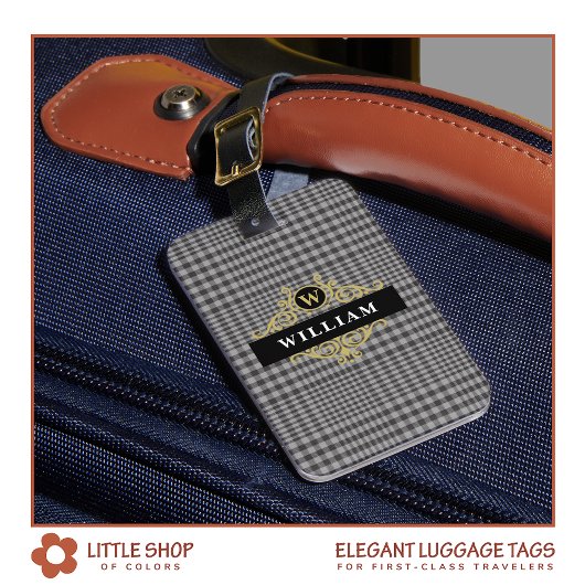 Elegante Monogrammed Zwart Goud Grijs Plaid Bagagelabel
