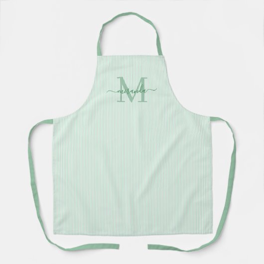 Elegante Monogramnaam Groene Streep Schort (Voorkant)