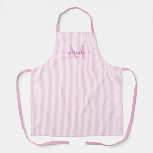 Elegante Monogramnaam Roze Streep Schort (Voorkant)