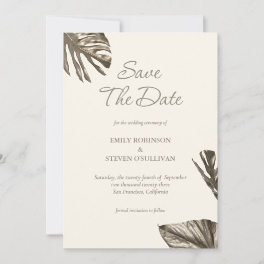 Elegante Monstera Gouden Champagne Foto Bruiloft Save The Date (Voorkant)