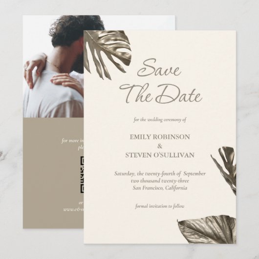 Elegante Monstera Gouden Champagne Foto Bruiloft Save The Date (Voorkant / Achterkant)