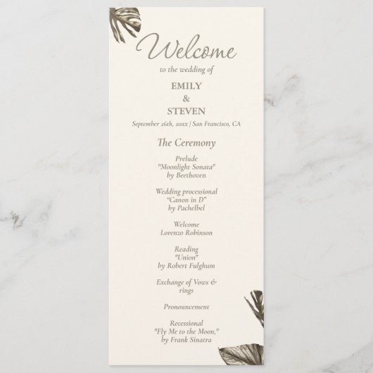 Elegante Monstera Gouden Huwelijksprogramma kaart (Voorkant)