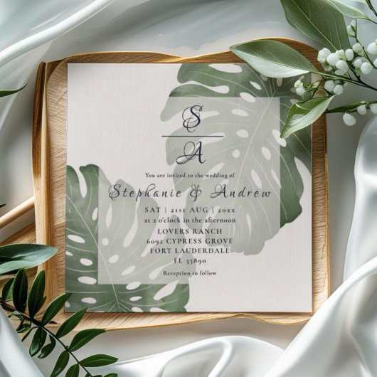 Elegante Monstera Smaragdgroene Bruiloft Kaart