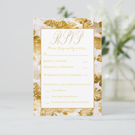 Elegante Monstera vergulde gouden bruiloft RSVP (Staand voorkant)