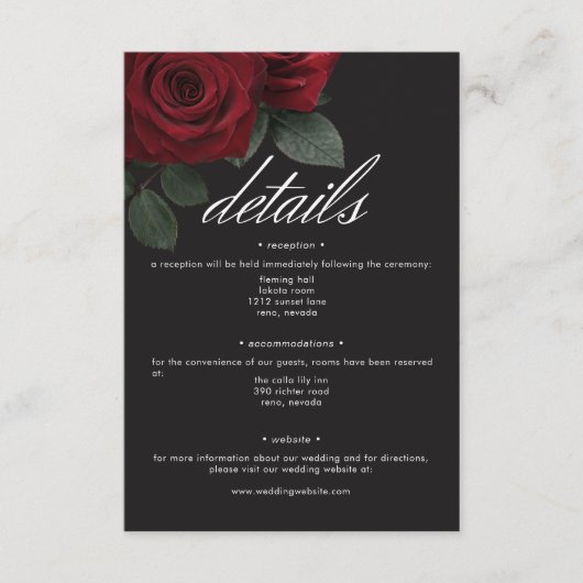 Elegante Moody Bloed Rode Rozen Bloemen Details Informatiekaartje (Voorkant)