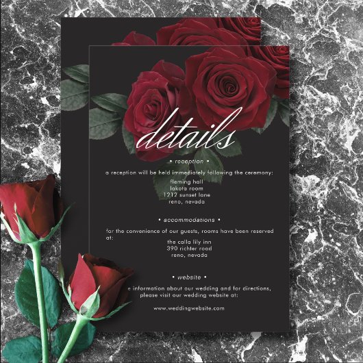 Elegante Moody Bloed Rode Rozen Bloemen Details Informatiekaartje