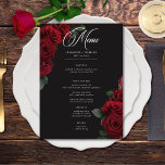 Elegante Moody Bloed Rode Rozen Bloemen Huwelijk Menu<br><div class="desc">Omarm tijdloze elegantie voor uw gotische geïnspireerde feest met onze boeiende bruiloft menukaart. Een zachte zwarte achtergrond biedt het perfecte canvas voor een boeiend, maar ingetogen boeket. Stel je een hoekarrangement voor van gedempte rode rozenbloemen, waar rijke rode tinten zich mengen met donkergroen gebladerte. Dit etherische ontwerp straalt rustige sophisticatie...</div>