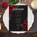Elegante Moody Bloed Rode Rozen Bloemen Huwelijk Menu<br><div class="desc">Omarm tijdloze elegantie voor uw gotische geïnspireerde feest met onze boeiende bruiloft menukaart. Een zachte zwarte achtergrond biedt het perfecte canvas voor een boeiend, maar ingetogen boeket. Stel je een hoekarrangement voor van gedempte rode rozenbloemen, waar rijke rode tinten zich mengen met donkergroen gebladerte. Dit etherische ontwerp straalt rustige sophisticatie...</div>