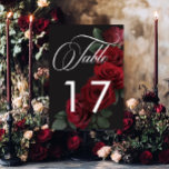 Elegante Moody Bloed Rode Rozen Bloemen Kaart<br><div class="desc">Omarm tijdloze elegantie voor uw gotische geïnspireerde feest met onze boeiende trouwtafel nummer kaart. Een zachte zwarte achtergrond biedt het perfecte canvas voor een boeiend, maar ingetogen boeket. Stel je een arrangement van gedempte bloed rode roos bloeit, waar rijke rode tinten vermengen met donkergroen gebladerte. Dit etherische ontwerp straalt rustige...</div>