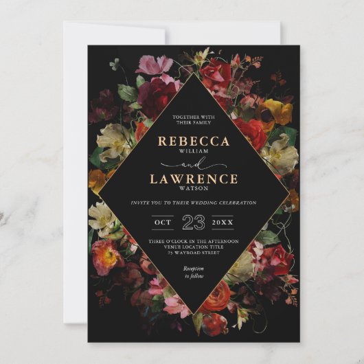 Elegante moody bloemen zwarte bruiloft kaart (Voorkant)