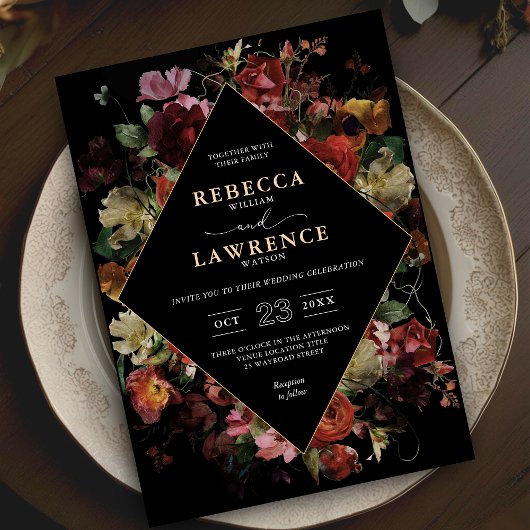 Elegante moody bloemen zwarte bruiloft kaart