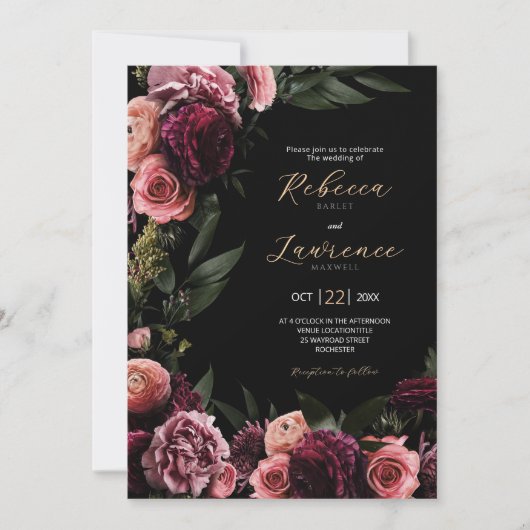 Elegante Moody bloemen zwarte bruiloft Uitnodiging (Voorkant)