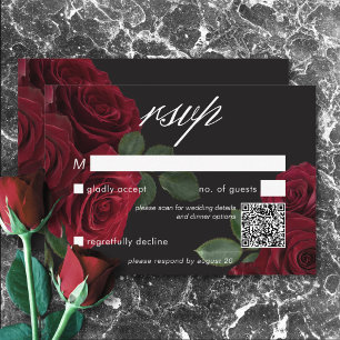 Elegante Moody Blood Red Roses Floral QR-code RSVP Kaartje