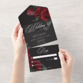 Elegante Moody Blood Red Roses Wedding Geen Diner All In One Uitnodiging (Afscheurbaar)