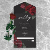 Elegante Moody Blood Red Roses Wedding Geen Diner All In One Uitnodiging